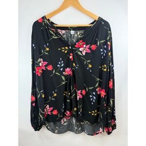 Old Navy Floral Print Blouse Top Womens XL Long Sleeve Button‎ Black